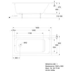 Geberit Rechteck-Badewanne Renova 160 Cm Weiß -Badezimmergeschäft 0571 print masszeichnung 5