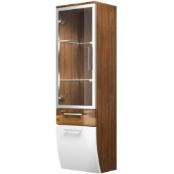 Posseik Hochschrank 40 Cm Salona Walnuss-Weiß Mit Glasböden -Badezimmergeschäft obi 499
